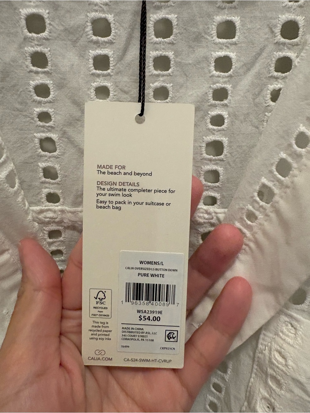 Calia White Eyelet Cotton Button-Down Shirt - Lightweight Cover up beach NWT L - Picture 6 of 6